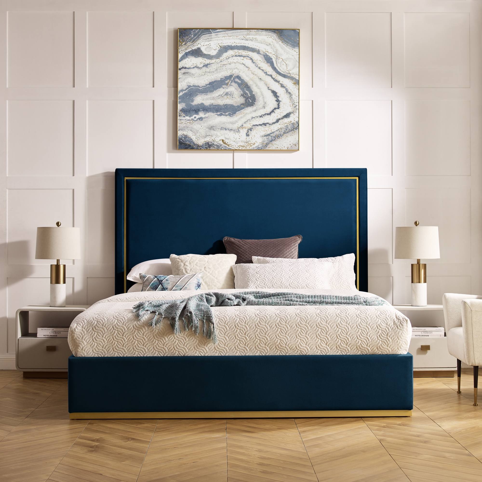 Stylish Upholstered Velvet Platform Bed with Gold Base For